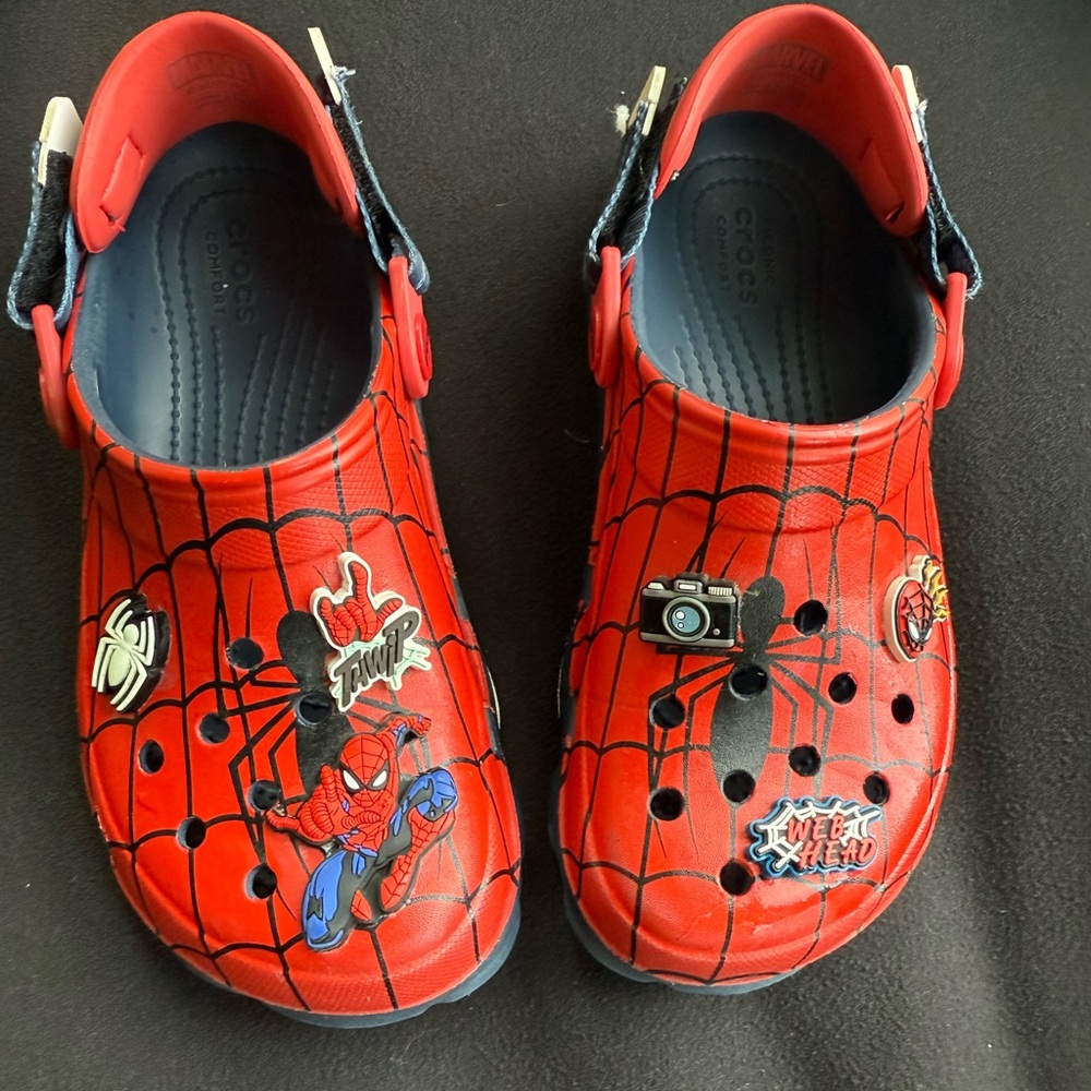 CROCS Red and Black Sandals with Spider-Man Charms